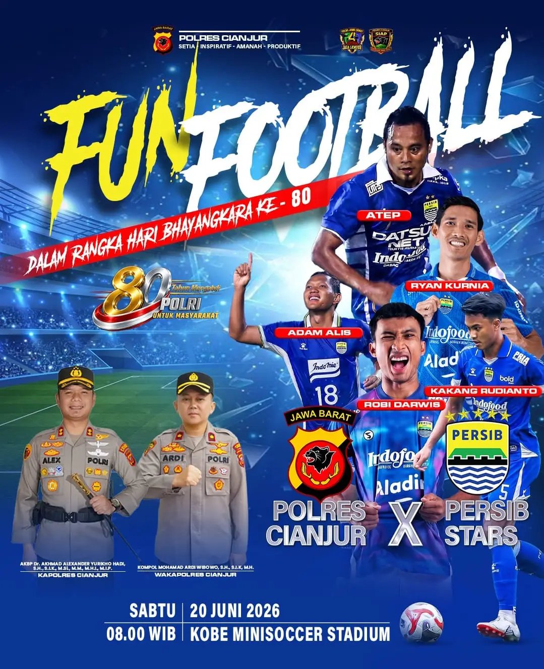 Sambut Hari Bhayangkara ke-80, Polres Cianjur Gelar Fun Football Bersama Persib Stars