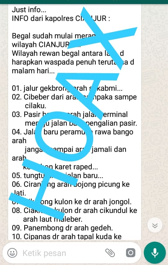 Viral Broadcast Daerah Rawan Begal di Cianjur, Ternyata Hoaks