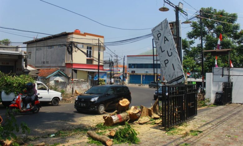 Properti Kafe Palupi rusak akibat penebangan pohon di Jalan Otista Cianjur.