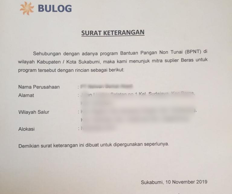 Kisruh, Bulog Cabut Suket Penunjukkan Suplier BPNT di Sukabumi