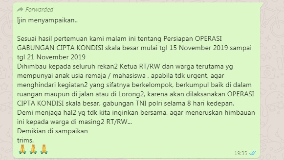 Waspada Pesan WhatsApp Hoax Operasi Gabungan Cipta Kondisi