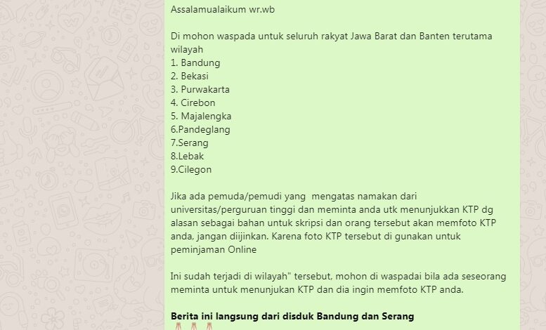 Pesan Hoaks Disukcapil Bandung Viral di WhatsApp