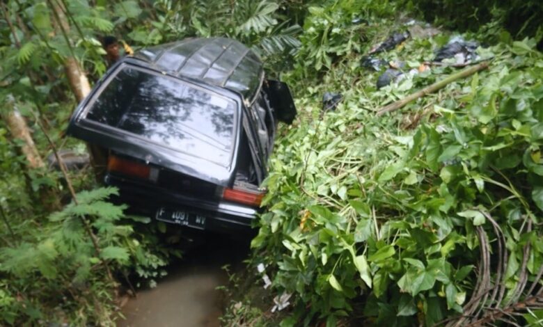 JURANG: Gegara pecah ban, mobil carry berpenumpang tujuh orang, oleng hingga masuk jurang sedalam 10 meter. (Foto: Apip Samlawi/cianjurupdate.com)