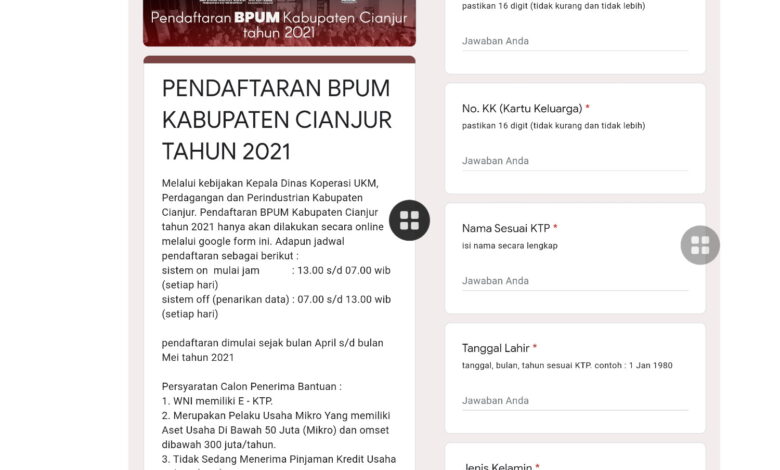 Pendaftaran BPUM Cianjur 2021 dibuka melalui link http://bit.ly/BPUMCianjur2021 pada google formulir