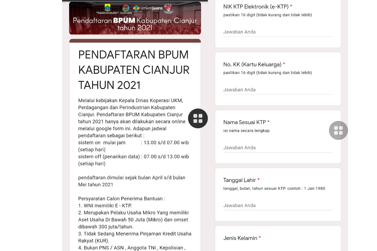 Pendaftaran BPUM Cianjur 2021 dibuka melalui link http://bit.ly/BPUMCianjur2021 pada google formulir