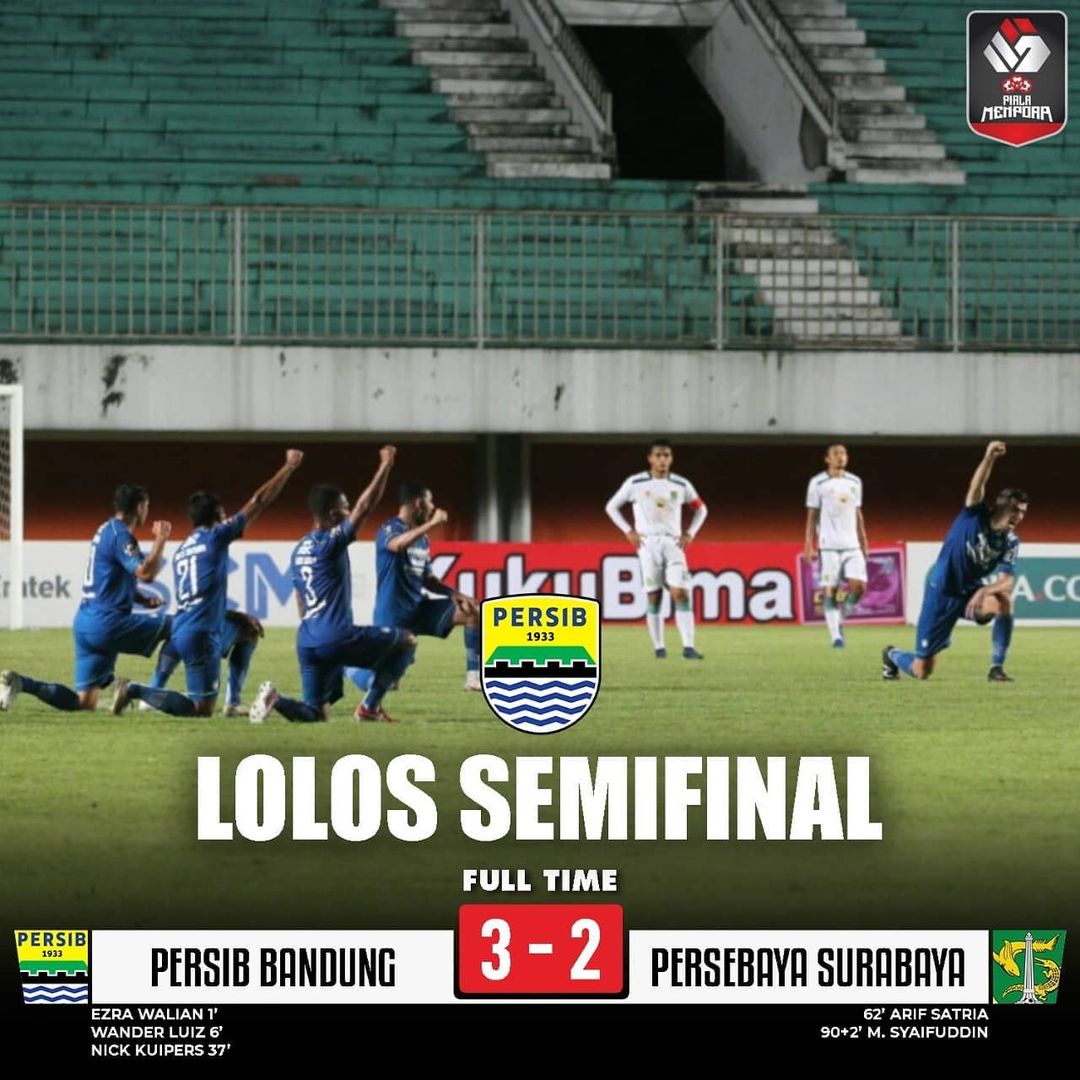 Persib Bandung mantap melangkah ke semifinal Piala Menpora 2021 setelah menang 3-2 dari Persebaya Surabaya pada pertandingan Minggu (11/4/2021) di Stadion Maguwoharjo, Sleman. Foto: Ig @pengamatsepakbola