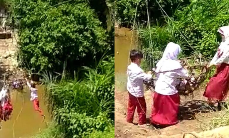 Fakta-fakta Video Viral Tiga Siswa Seberangi Sungai dengan Seutas Tali