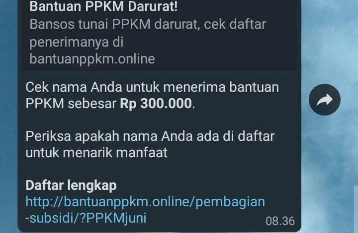 Waspada! Hoaks Link Bantuan PPKM Rp300 Ribu Beredar di WhatsApp