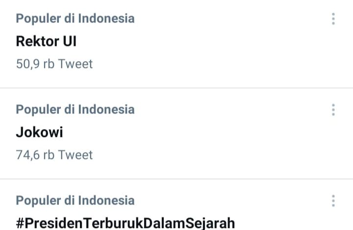 Tagar 'Presiden Terburuk Dalam Sejarah' dan Rektor UI Trending di Twitter Pagi Ini