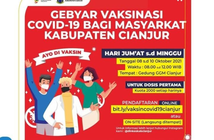 Jadwal dan Link Pendaftaran Online Vaksinasi di Cianjur, 9-10 Oktober 2021