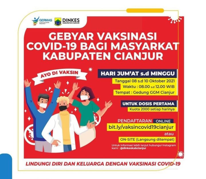 Jadwal dan Link Pendaftaran Online Vaksinasi di Cianjur, 9-10 Oktober 2021