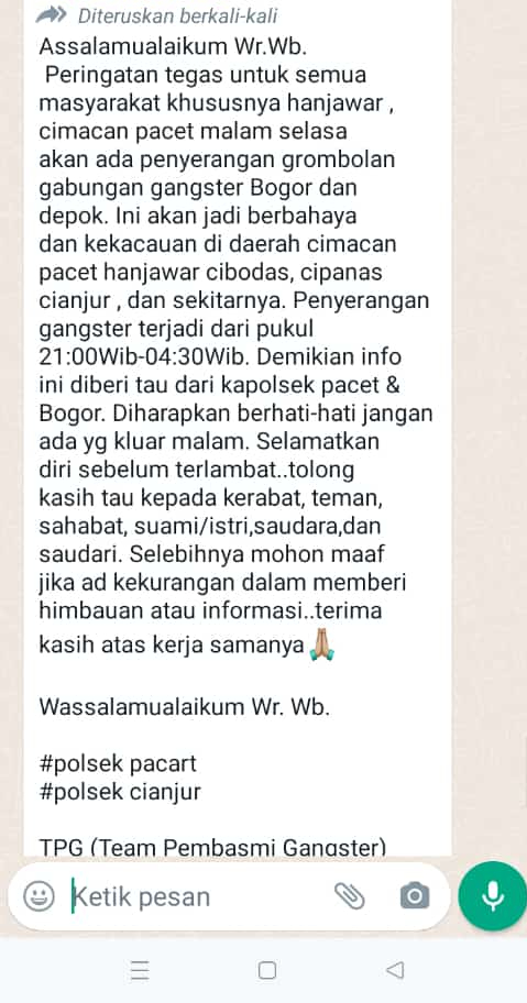 Ramai Gabungan Gangster Bogor-Depok Serang Cipanas, Polisi: Hoax!