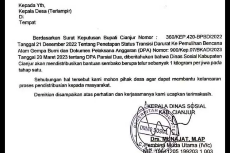 Dinsos Kabupaten Cianjur mengeluarkan surat edaran untuk Desa terdampak gempa di Cianjur penerima bantuan telur