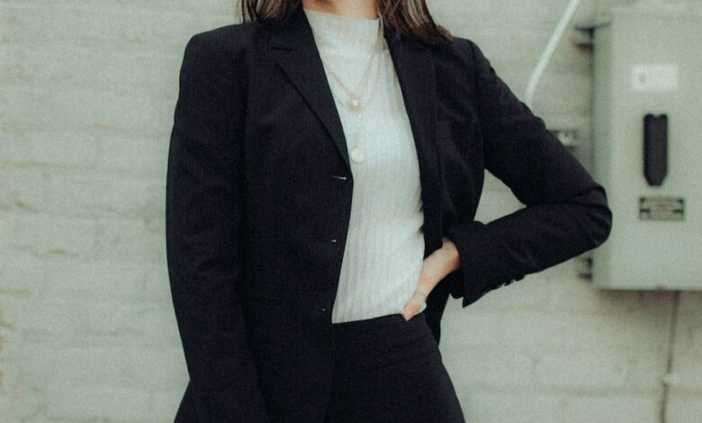 woman in black blazer and black pants