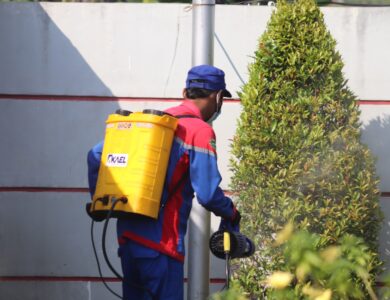 woman in blue and red jacket holding yellow plastic bucket