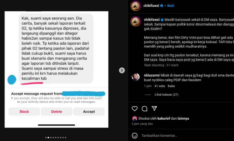 Banyak yang Dipaksa Pilih Prabowo-Gibran, Chiki Fawzi Bagikan DM Laporan Followers