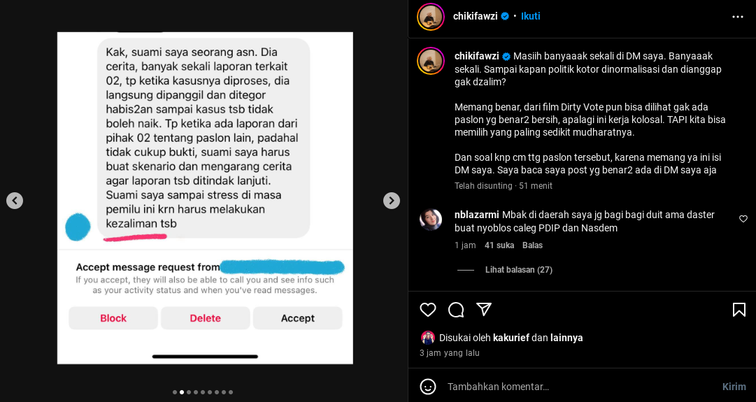 Banyak yang Dipaksa Pilih Prabowo-Gibran, Chiki Fawzi Bagikan DM Laporan Followers