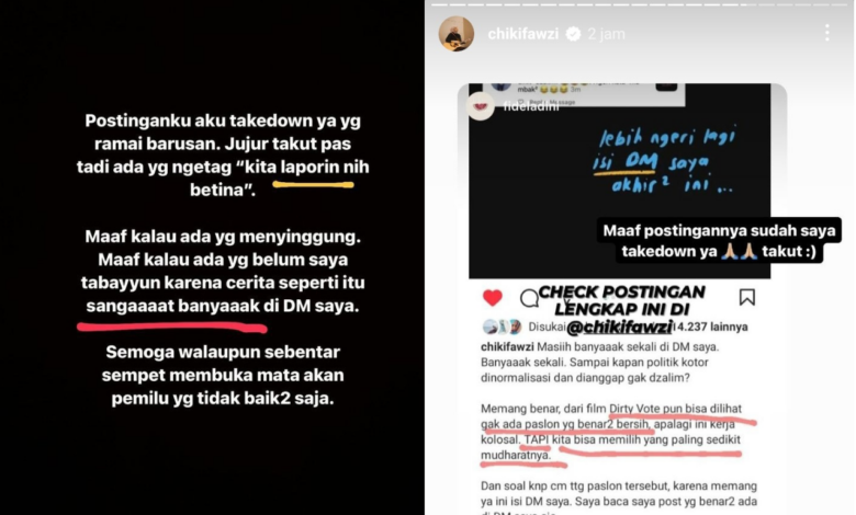 Hapus Postingan DM Paksaan Memilih Paslon 02 Prabowo-Gibran, Chiki Fawzi: Aku Takut