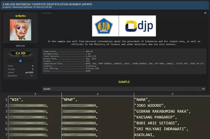 Bjorka Diduga Bocorkan 6 Juta Data NPWP, Termasuk Data Jokowi dan Sri Mulyani