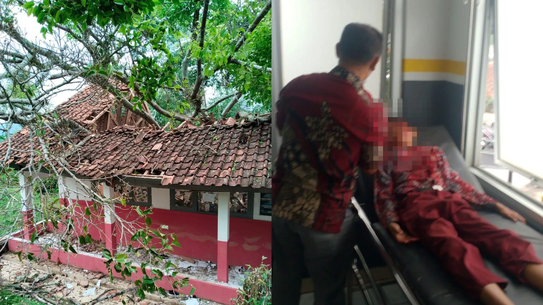 Pohon beringin tumbang menimpa ruang kelas IV SDN Sukasari, Cianjur. Enam siswa terluka, proses belajar mengajar sempat terhenti.