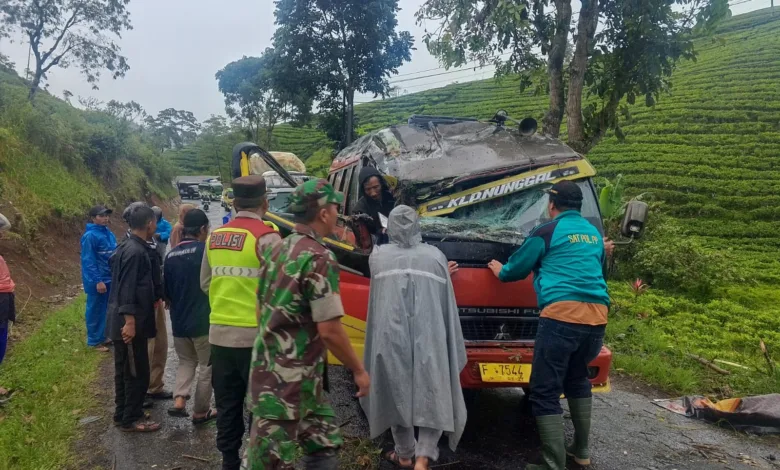 Pohon tumbang menimpa mobil Elf di Sukanagara, Cianjur.