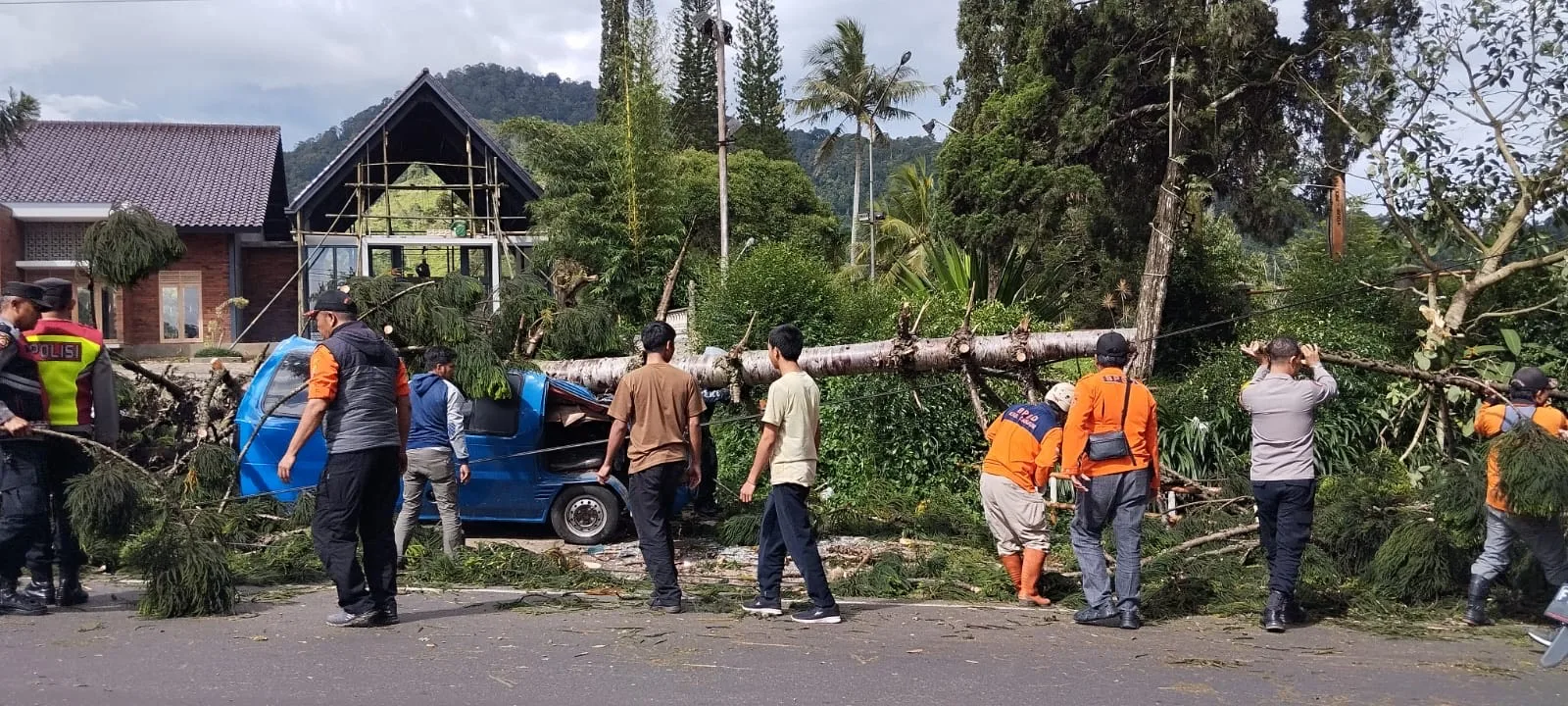 Sebuah angkot di Cipanas-Cianjur ringsek tertimpa pohon tumbang akibat angin kencang.