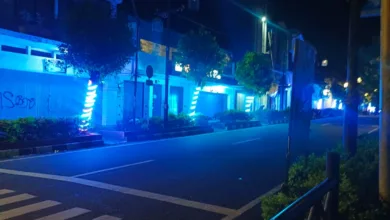 SUASANA MALAM. Tampilan baru Jalan HOS Cokroaminoto hingga Mangunsarkoro, Cianjur, yang kini dihiasi lampu pohon, Jumat (12/12/2025).