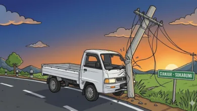 Mobil Carry Tabrak Tiang Telepon di Cianjur, Pengemudi Luka-luka