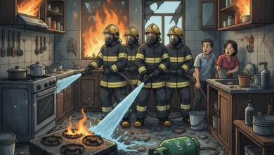 Petugas Damkar berusaha memadamkan api yang bersumber dari kompor di area dapur.